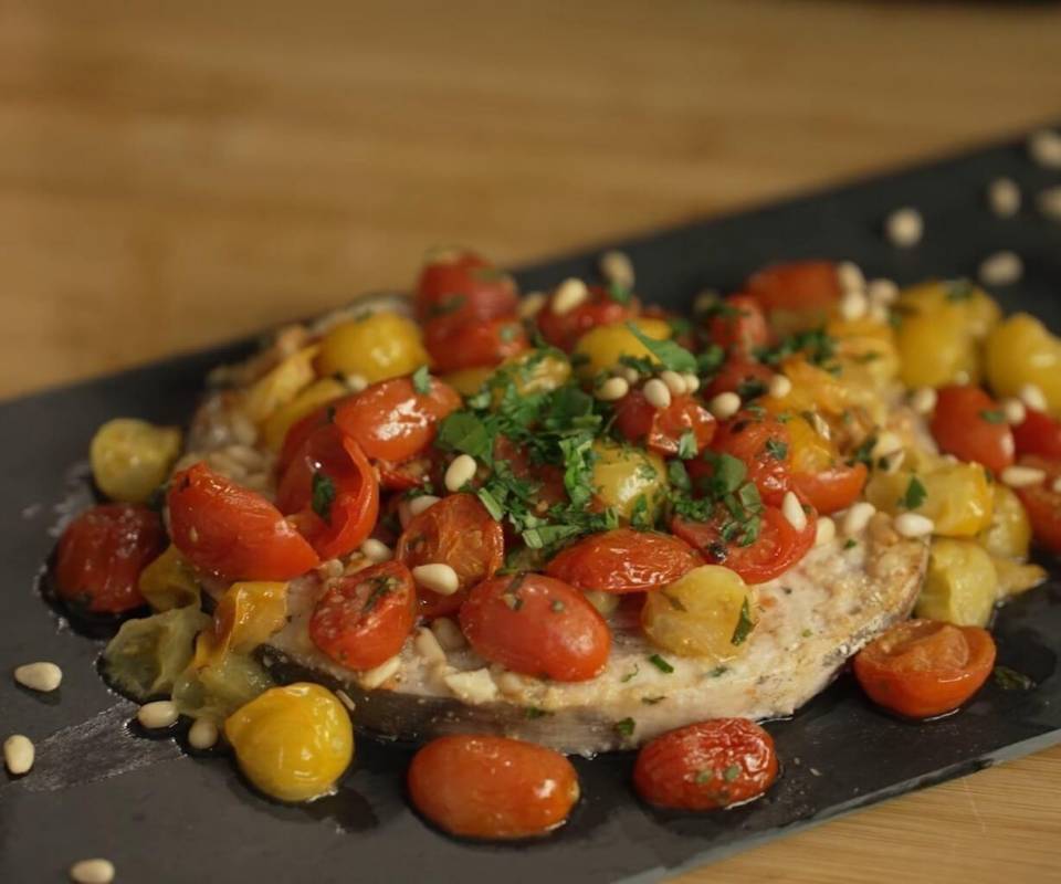 Swordfish fillet with pine nuts and cherry tomatoes in air fryer